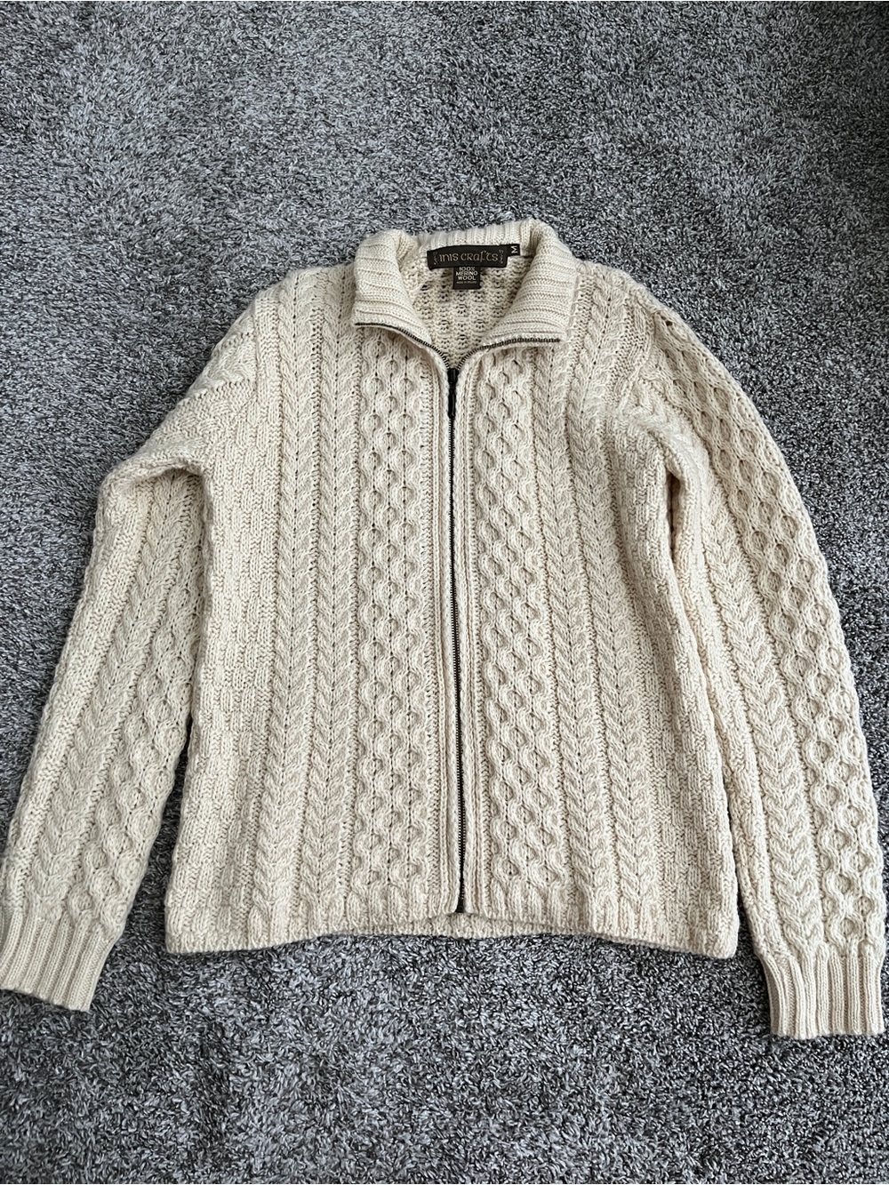 Inis Crafts 100% Wool Cable Knit Cream Zip Up Sweater